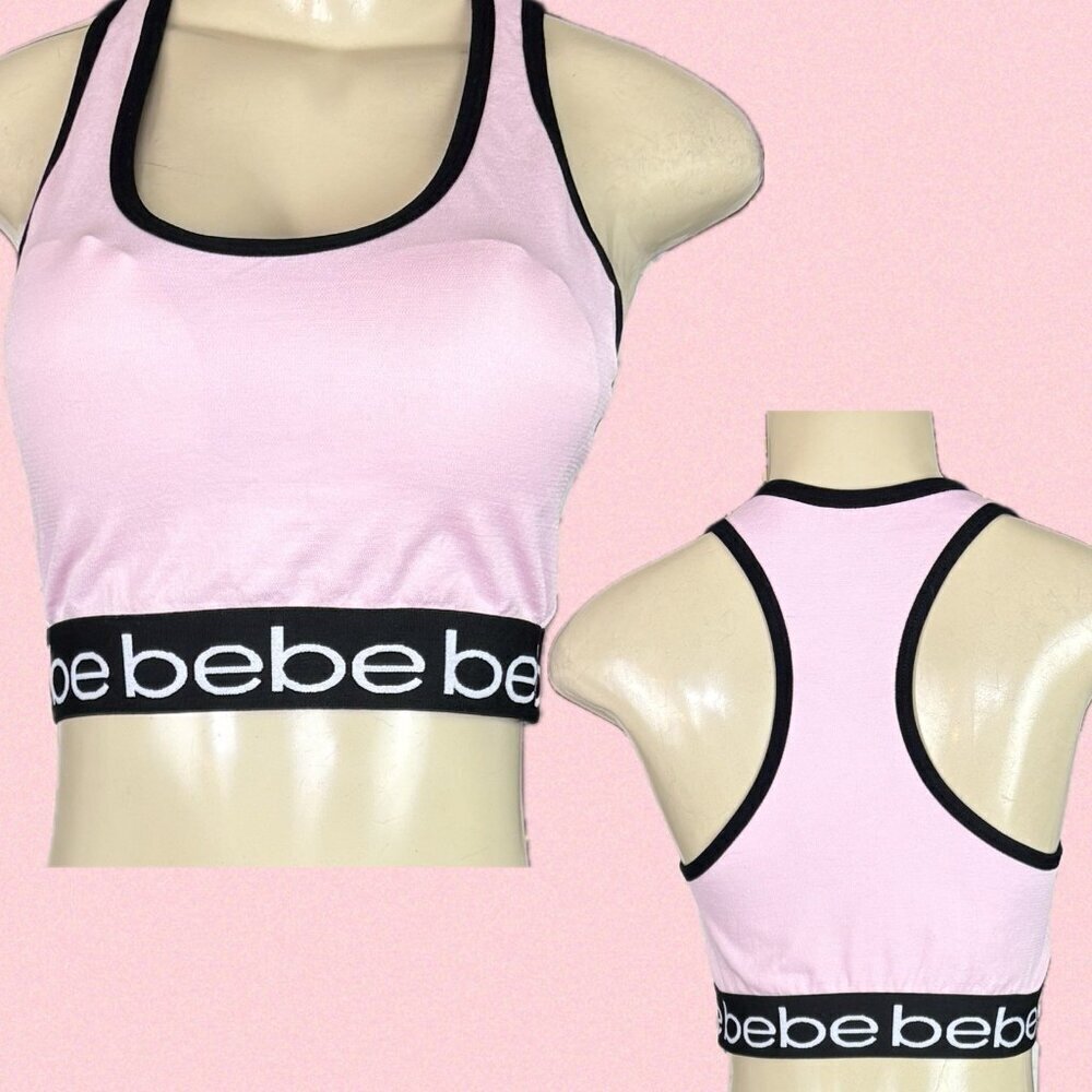 Bebe L Pink Logo Black Trim Removable Pads 4 Way Stretch Racerback Sports Bra